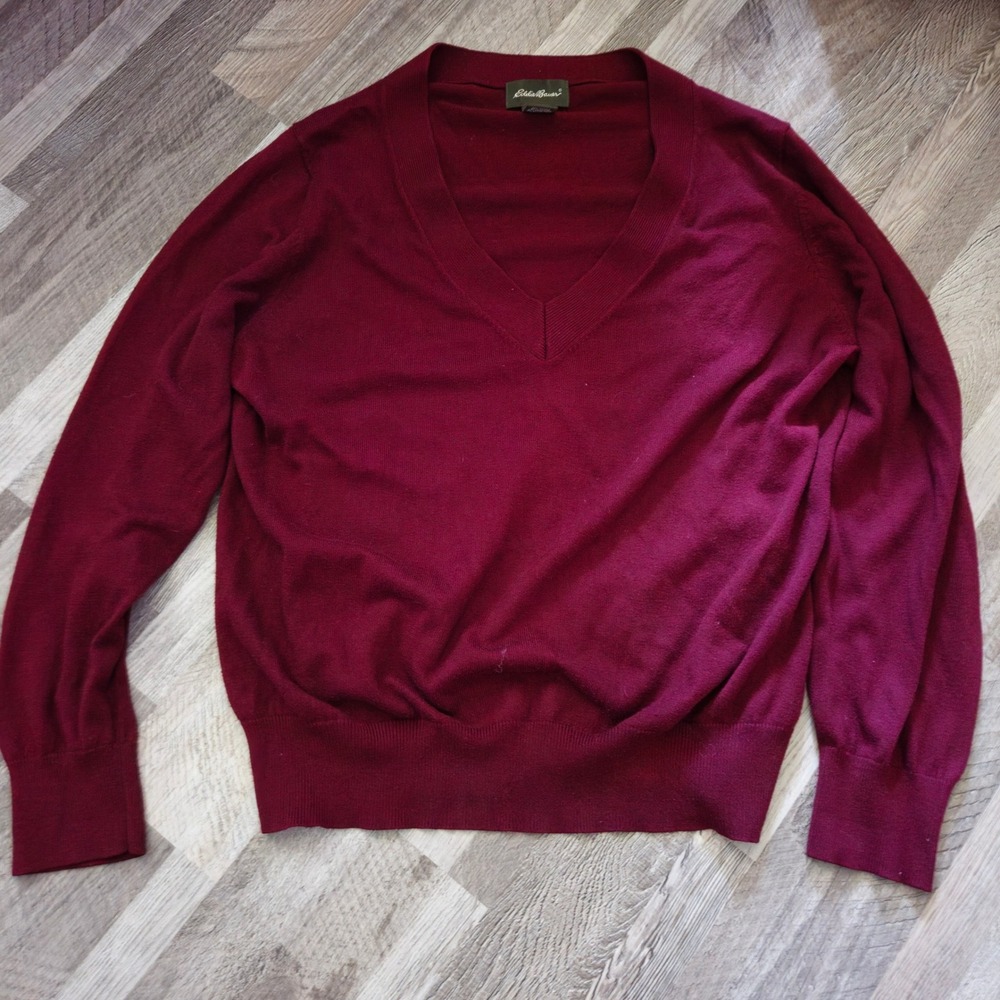Eddie Bauer Burgundy V-Neck Cashmere Blend Sweater XL Maroon Cotton Modal Knit